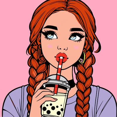 realistic girl with braided hair drinking boba
