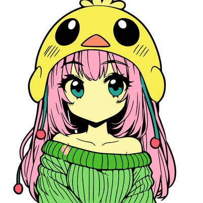 anime girl with chick shaped hat with sweater with bare shoulders with bangs covering them one eye with low tail