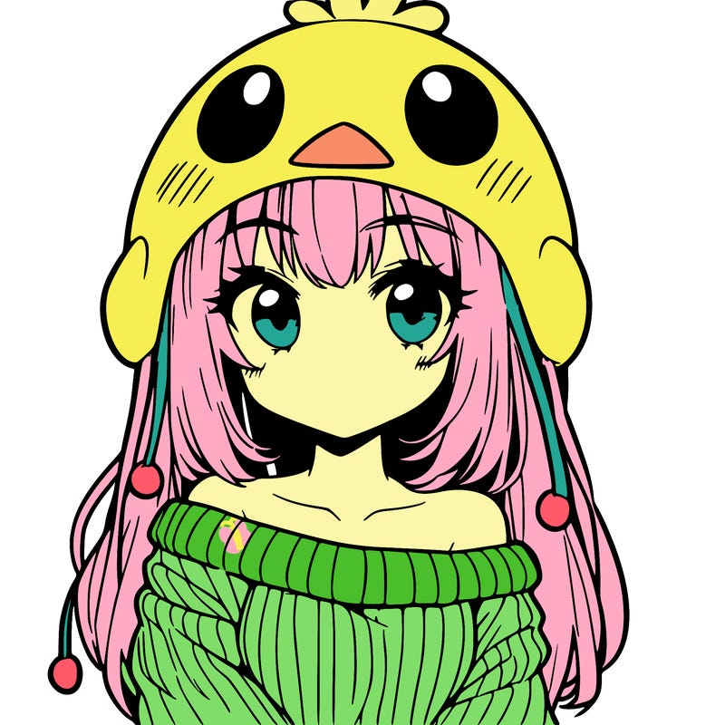 anime girl with chick shaped hat with sweater with bare shoulders with bangs covering them one eye with low tail
