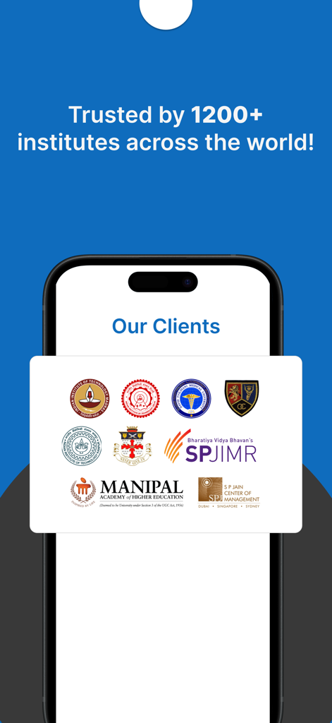 Almashines Alumni - Smartphone screen showing the Almashines Alumni app trusted by over 1200 global institutes with various university logos
