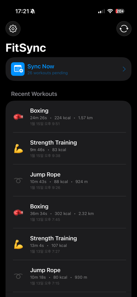 FitSync - Workout to Calendar - FitSync app interface showing a list of recent workouts including boxing and strength training with a sync now button