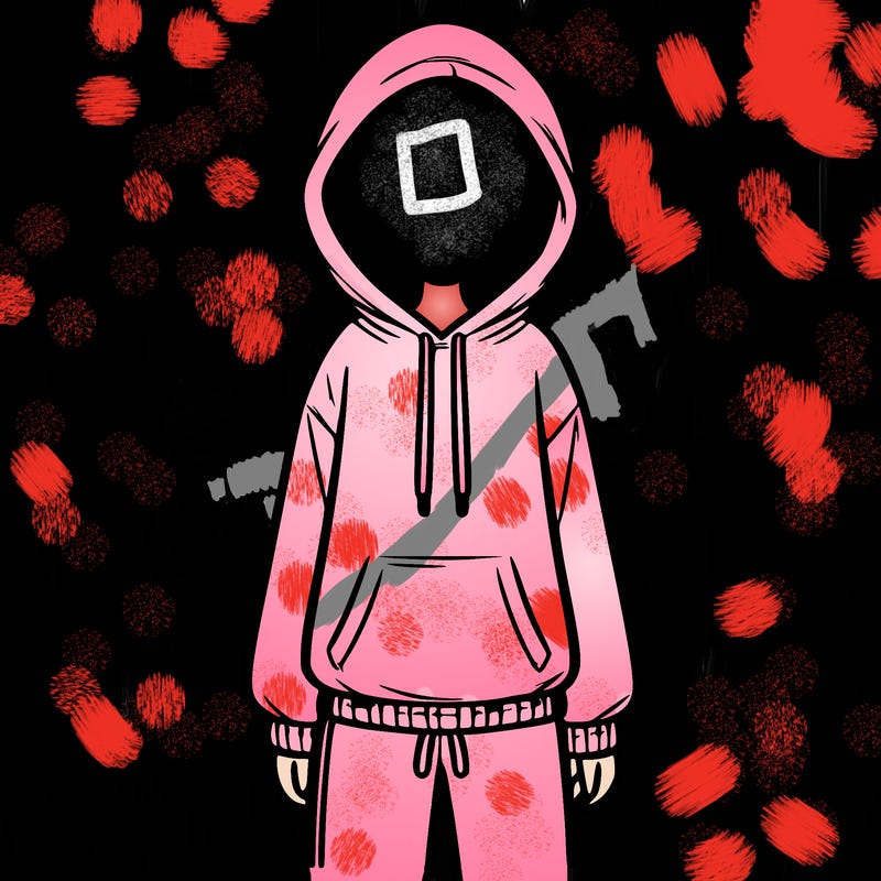 faceless girl in a tracksuit with a hood on and no hair