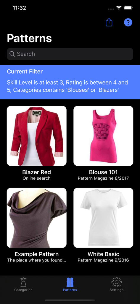 Sewing Patterns Lite - Library view of the Sewing Patterns Lite app showing filtered garment patterns including a red blazer and pink blouse.