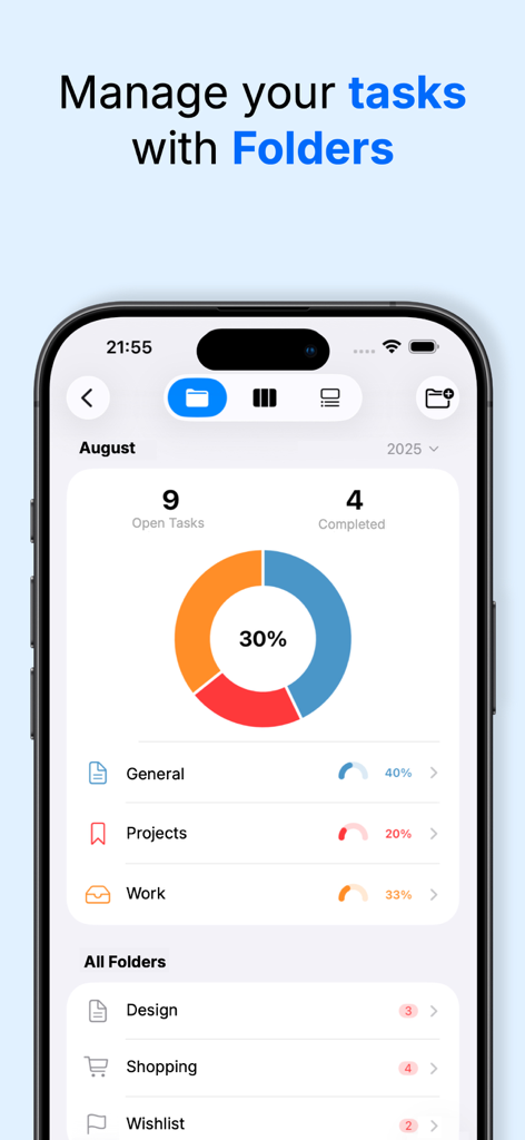 TaskMind: Task Manager - TaskMind task manager app interface showing organized task folders and a progress chart on an iPhone