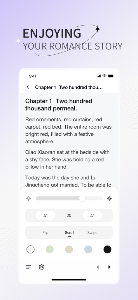 Novellair - L'interface de l'application Novellair affichant un chapitre d'histoire d'amour avec des paramètres de personnalisation de la police et du thème