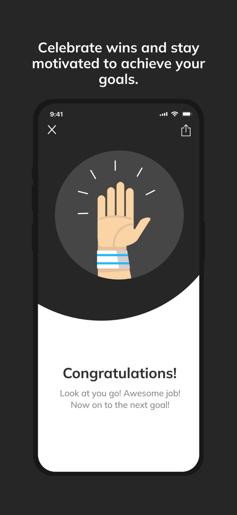 Red Dot Fitness - Red Dot Fitness app achievement screen with a congratulations message for reaching fitness goals