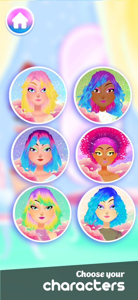 Hair Salon : Beauty Game - Character selection screen with six different girls featuring colorful hairstyles in the Hair Salon Beauty Game.