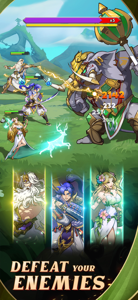 Mythic Heroes: Idle RPG - Mythological heroes battling a giant armored elephant boss in Mythic Heroes Idle RPG