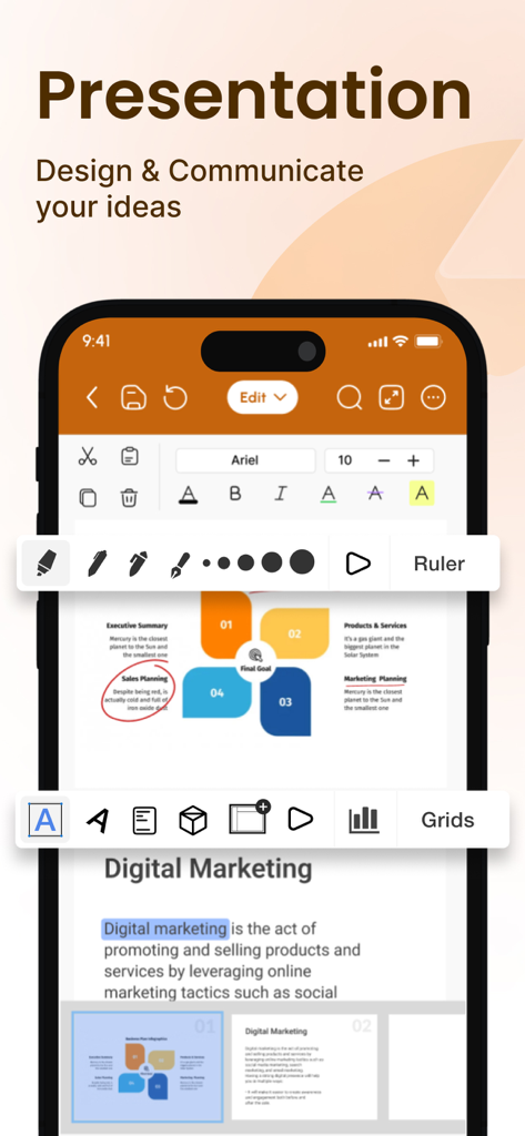 Eine professionelle mobile Benutzeroberfläche für Präsentationsbearbeitung, die Diagramme und Formatierungswerkzeuge für Geschäftsdokumente zeigt
