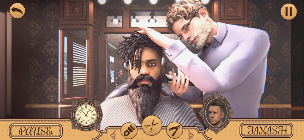 Barber games: Hair tattoo Shop - Un barbero usando cortadoras eléctricas para peinar los dreadlocks y la barba larga de un cliente en un juego de simulación de barbería realista.