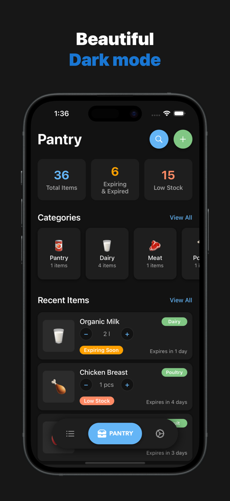 Pantry Inventory - Panzy - Interfaz de la aplicación de inventario de despensa Panzy que muestra el modo oscuro con artículos que caducan y estado de stock