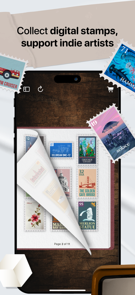 A digital stamp collection book inside the Lettre app showing various artistic stamps