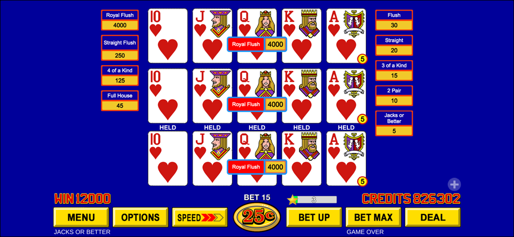 Video Poker ™ - Classic Games - トリプルプレイ・ビデオポーカーのゲーム画面に、3つの列にわたるハートのロイヤルフラッシュのジャックポットが表示されている。