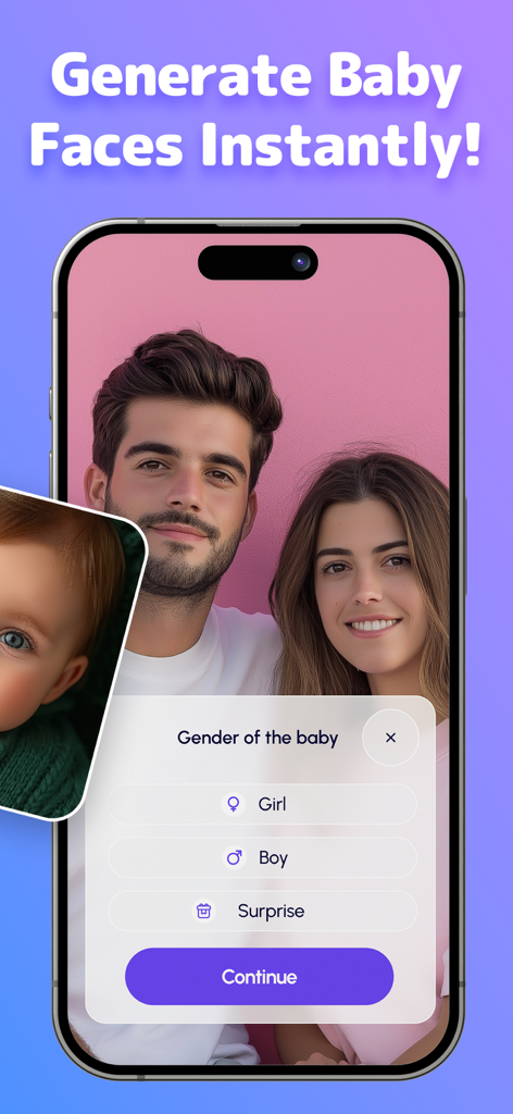 A mobile app interface for generating a future baby face showing gender selection options for girl boy or surprise