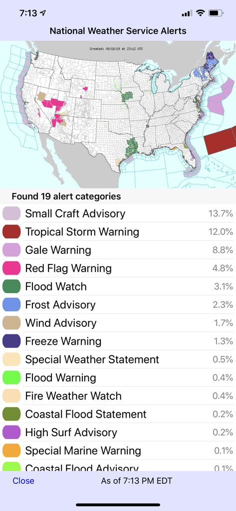 A screen from the FAAwait app showing a map of the United States with National Weather Service alerts and a list of alert categories like Tropical Storm Warning and Flood Watch.