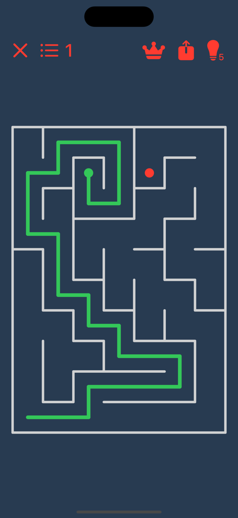 Maze - Classic Maze Game - Minimalist 2D maze game interface showing a green path and a red goal dot