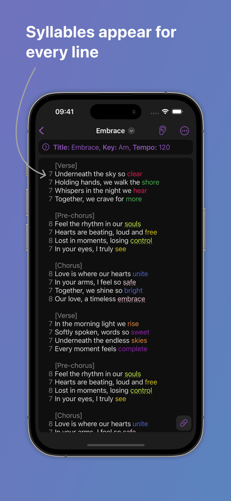 Smartphone screen showing the Lyrcs app with lyrics, automatic syllable counts per line, and color coded rhyme highlighting.