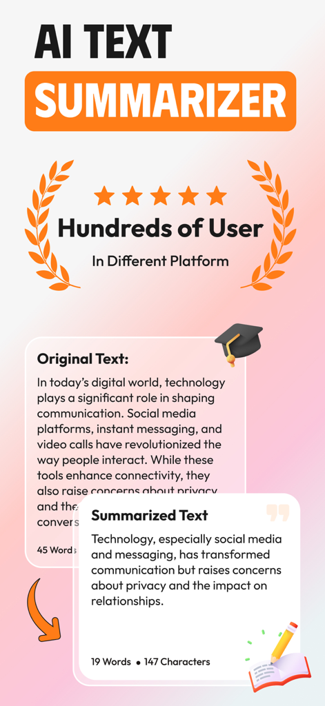 AI Summary - Text Summarizer * - AI Text Summarizer app interface showing a comparison between a long original text and its concise summarized version