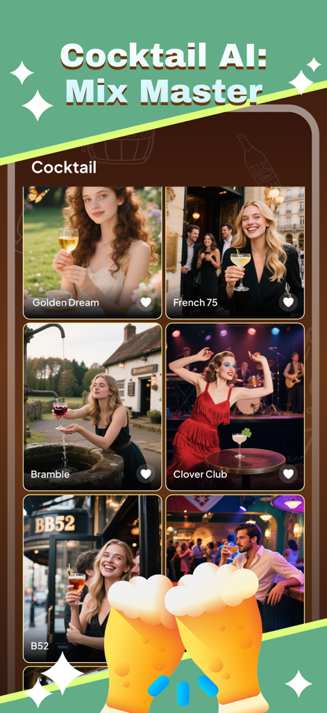 Lumomo - Pantalla de la aplicación Lumomo que muestra una colección curada de recetas de cócteles con fotografía de estilo de vida.