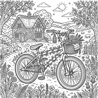 Discover a charming blend of adventure and tranquility with our unique BMX bike coloring page, set in a whimsical cottagecore landscape. This delightful design invites you to add vibrant colors to a sturdy bike adorned with nature's beauty.