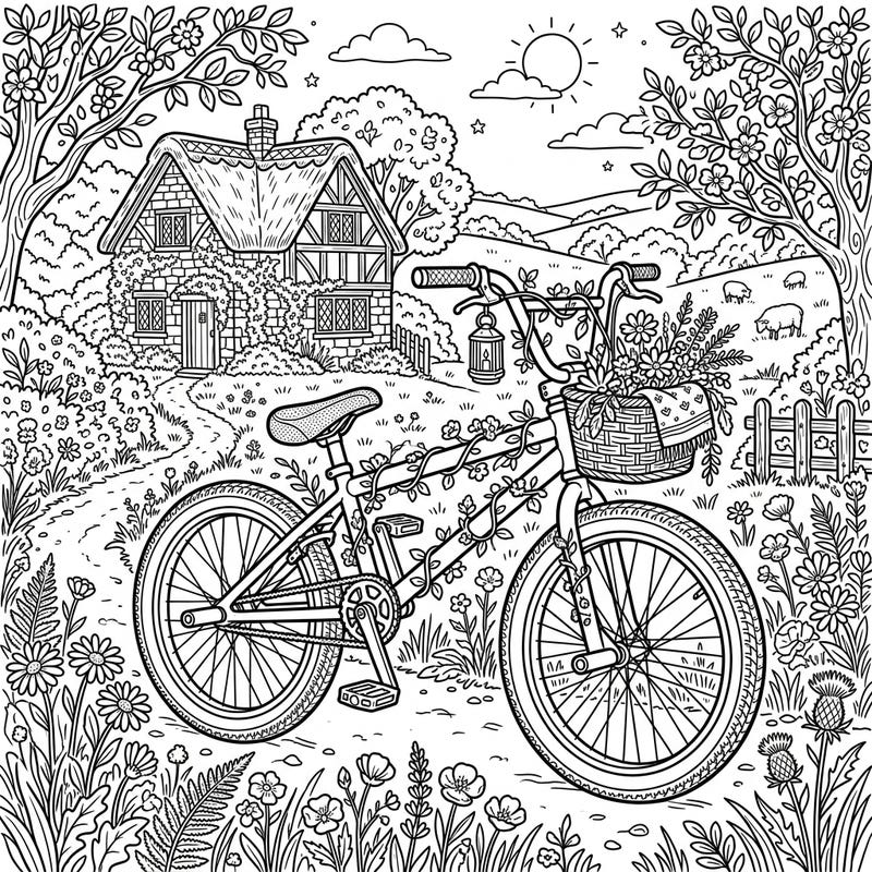Discover a charming blend of adventure and tranquility with our unique BMX bike coloring page, set in a whimsical cottagecore landscape. This delightful design invites you to add vibrant colors to a sturdy bike adorned with nature's beauty.