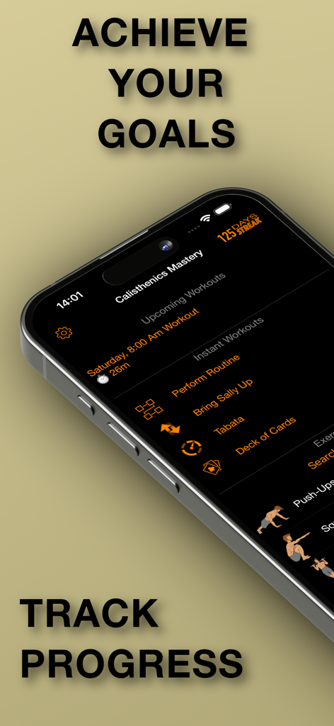 Interface do app Calisthenics Mastery em um smartphone mostrando objetivos de treino e acompanhamento de progresso.