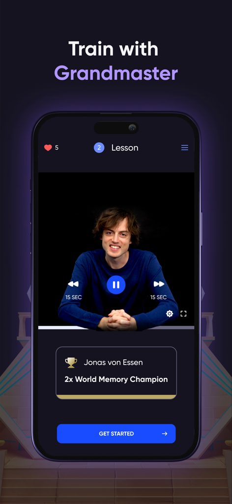 memoryOS・Improve Memory Skills - Mobile app screen showing a memory training video lesson with 2x World Memory Champion Jonas von Essen