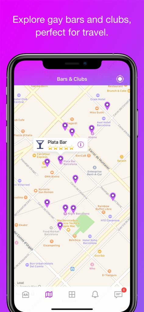 Shuggr app interface showing a map of gay bars and clubs.