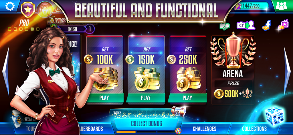 Lobby principal de Backgammon Legends mostrando varias apuestas y el premio del modo arena