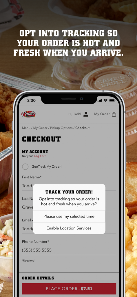 Raising Canes app checkout screen with order tracking location services prompt