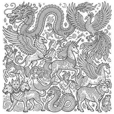 Embark on an epic artistic journey with this stunning fantasy creatures coloring page, brimming with mythical beasts from legend and lore. Featuring dragons, unicorns, griffins, and many more, this intricate design offers a captivating challenge for colorists of all ages.