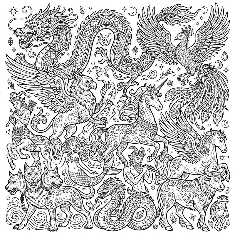 Embark on an epic artistic journey with this stunning fantasy creatures coloring page, brimming with mythical beasts from legend and lore. Featuring dragons, unicorns, griffins, and many more, this intricate design offers a captivating challenge for colorists of all ages.