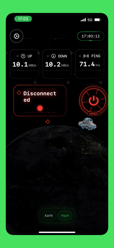 BearVPN app dashboard displaying network speed metrics and connection status over a dark space theme