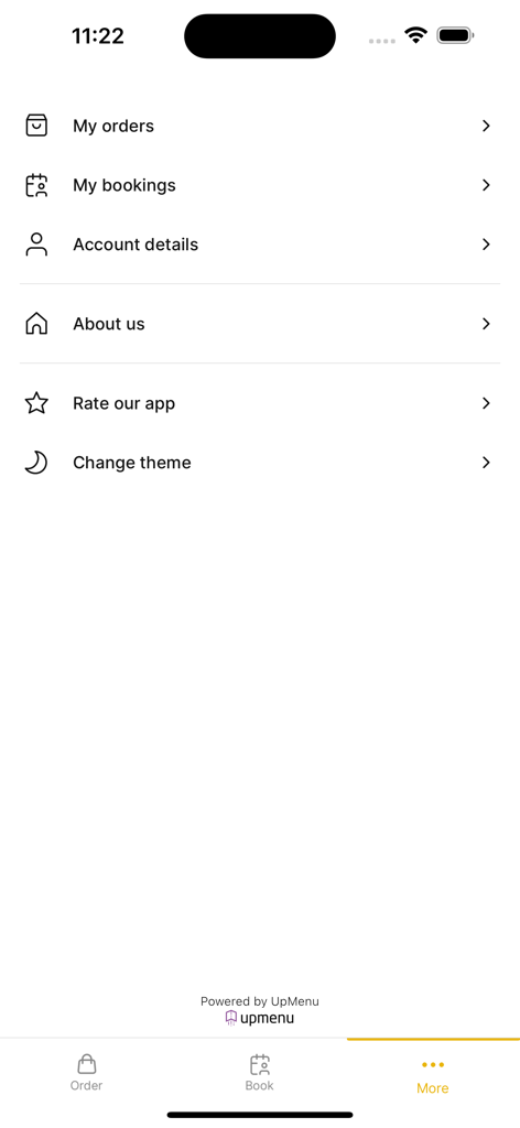 YUM YUM Application - The more menu screen of the YUM YUM app displaying options for orders bookings and account details