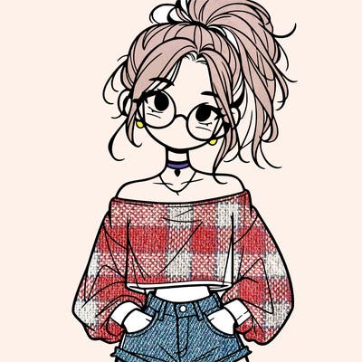 girl with a messy ponytail glasses a baggy crop top and jean shorts