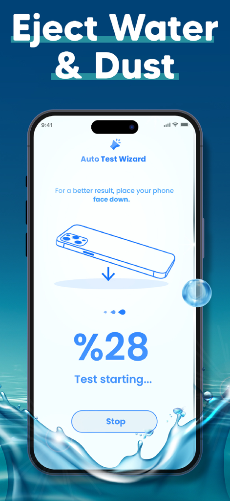 Screenshot of the Water Eject Clear Wave PRO app showing the auto test wizard screen to remove water and dust from phone speakers.