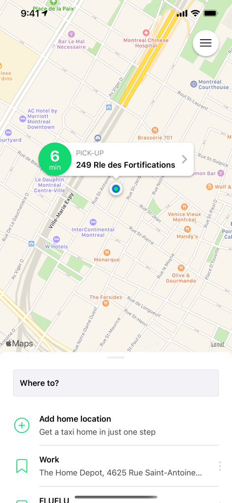 Téo Taxi: Book A Local Ride - Interfaz de la aplicación Téo Taxi que muestra un mapa de Montreal con un tiempo de recogida de seis minutos en el 249 Rue des Fortifications.