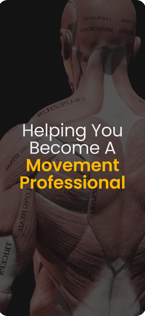 Strength Training by M&M - 3D anatomical model of human back muscles with text Helping You Become A Movement Professional