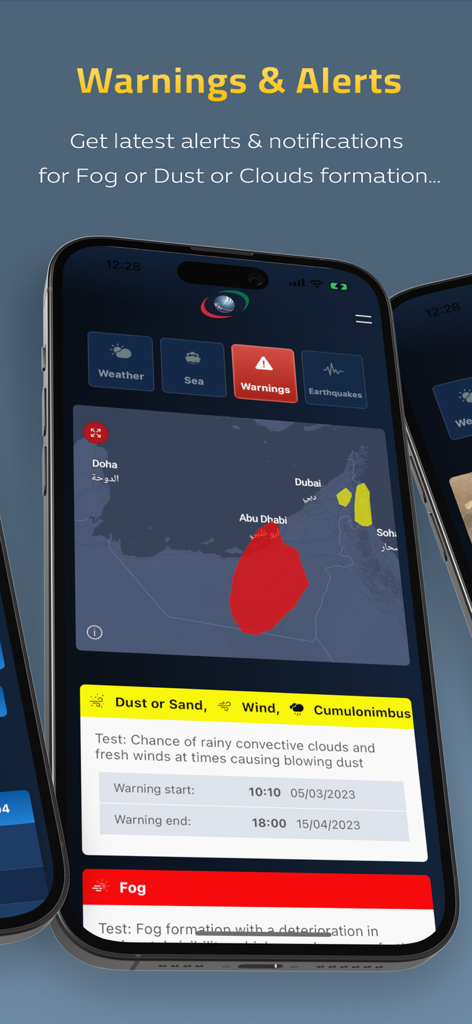 Mobile app screen showing weather warnings and alerts map for the UAE
