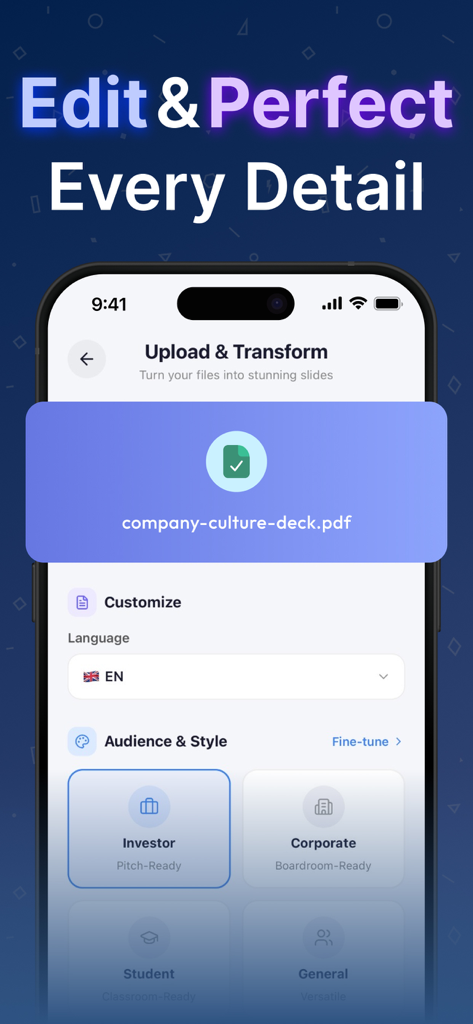 GMM AI APP: Presentation Maker - GMM AI 앱의 파일 업로드 및 청중 스타일 선택 인터페이스로 전문적인 슬라이드 생성