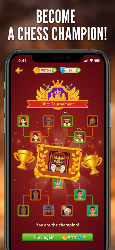 Chess Online - Clash of Kings - Mobile App-Screenshot, der eine Blitzturnier-Klammer und den Gewinnerbildschirm in Chess Online Clash of Kings zeigt.