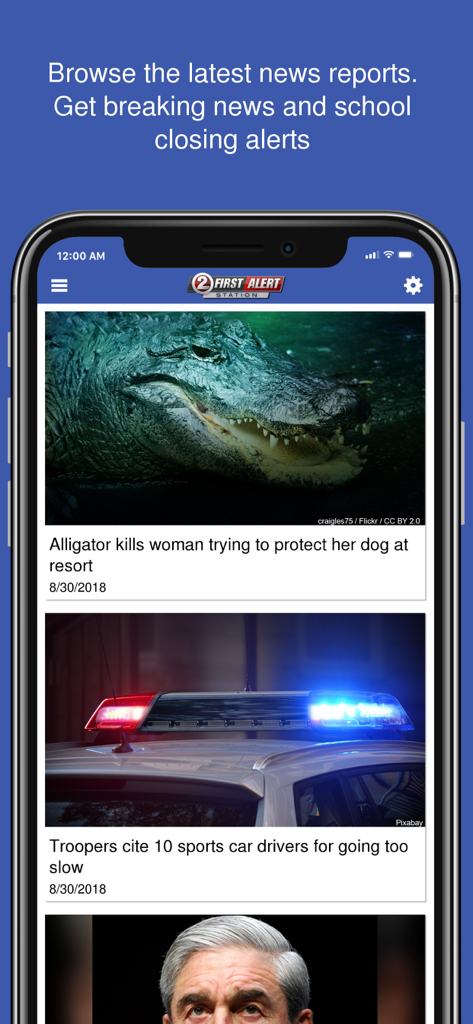 Interfaz de la aplicación WBAY Action 2 News que muestra los últimos informes de noticias locales y alertas