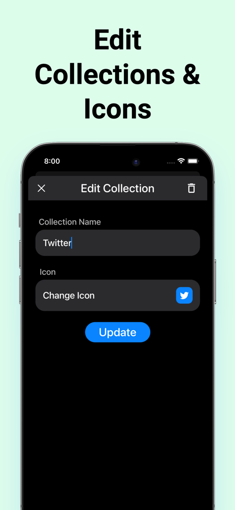 Paste Keyboard : Text Shortcut - Interface showing how to edit collection names and icons in Paste Keyboard