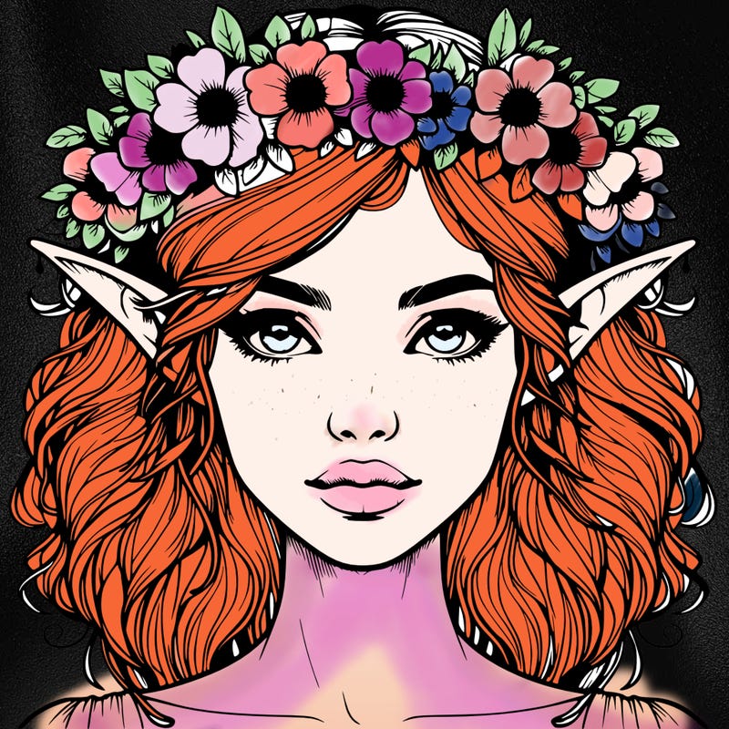 realistic female elf with flower crown