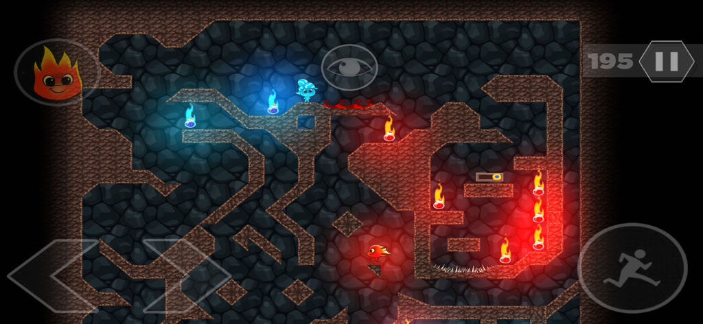 Los personajes Fireboy y Watergirl navegando por un nivel de puzle cavernoso con controles táctiles en pantalla.