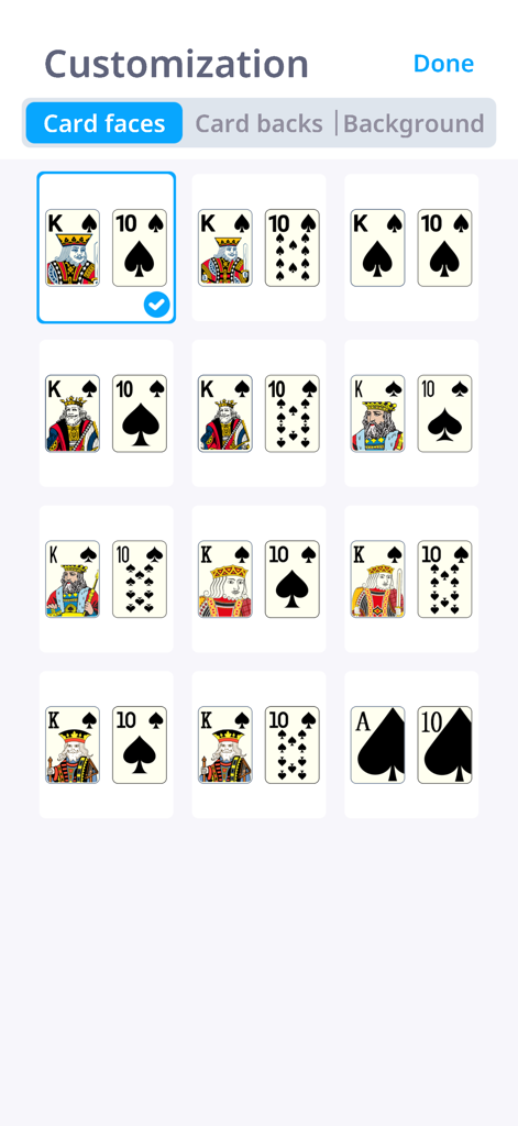 Solitaire game customization screen showing multiple card face design options.