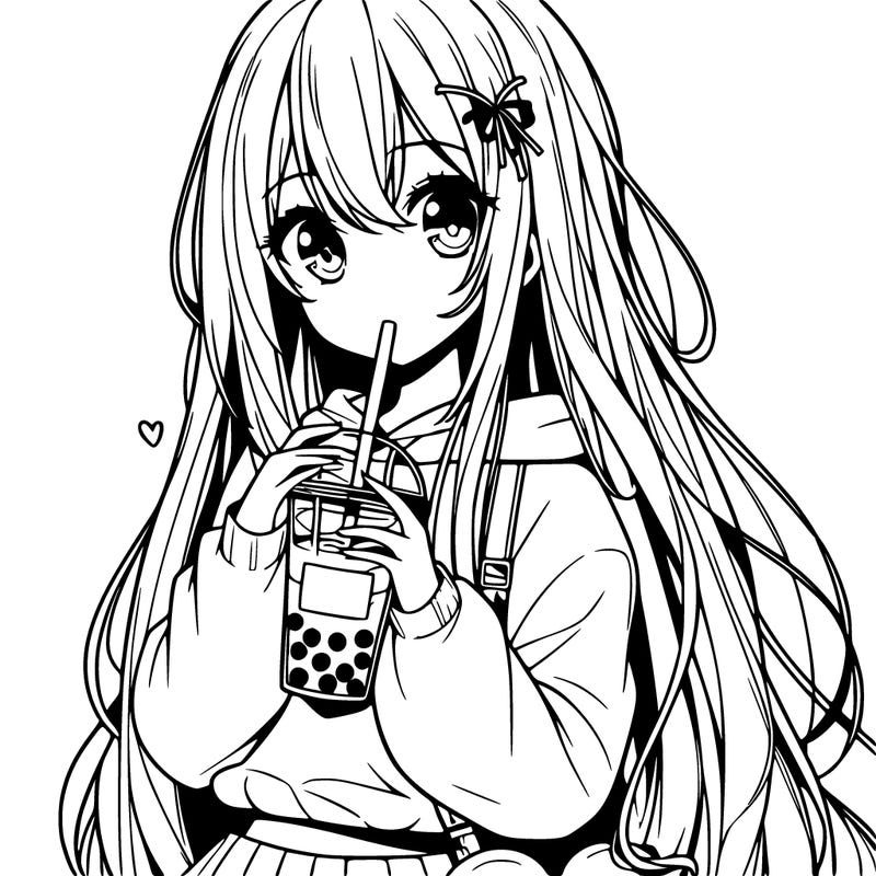 animae girl with long hair and holding boba tea