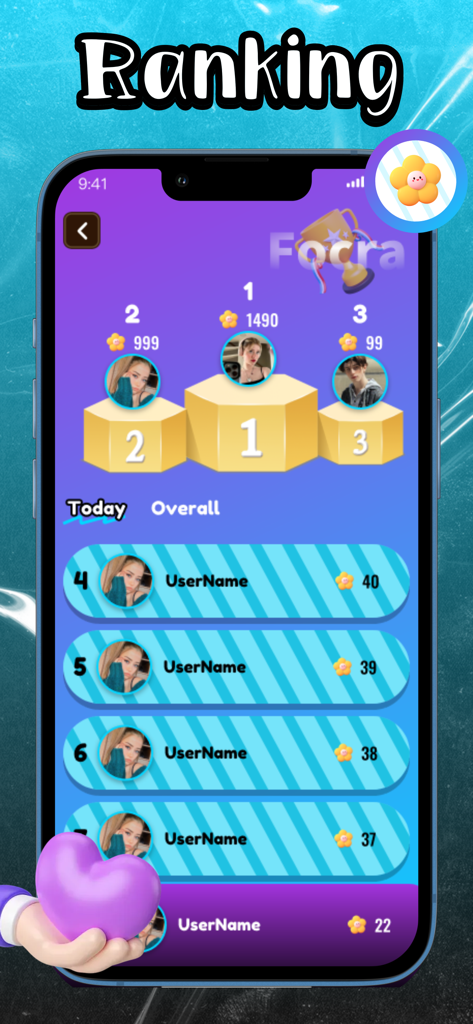 Focra: Chat, Connect People - Focra 앱 랭킹 화면으로, 상위 3위까지의 시상대와 꽃 집중 점수가 있는 사용자 목록을 보여줍니다.