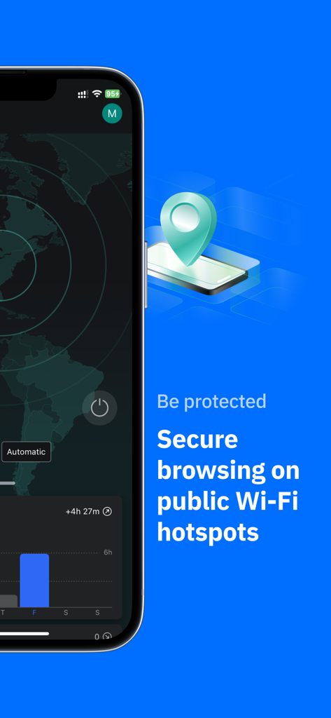 Interfaccia dell'app Bitdefender VPN che mostra la navigazione sicura sugli hotspot Wi-Fi pubblici