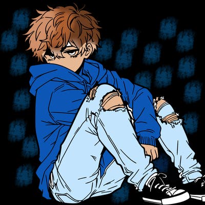 a male hoddie ripped jeans messy hair anime